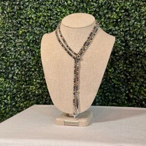 Stella & Dot Dark Gray Beaded Lariat Necklace with Silver and Gold Accents